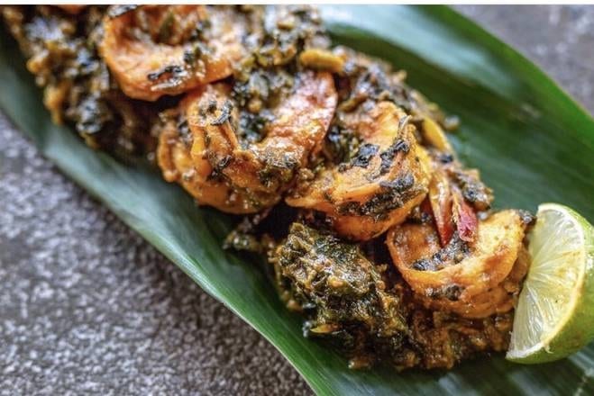 Jumbo Shrimp with Spinach and Coconut Cream.